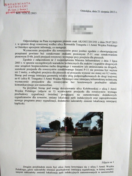 Odpowiedź na pismo w sprawie ddr na ul. I AWP (str. 1/2)