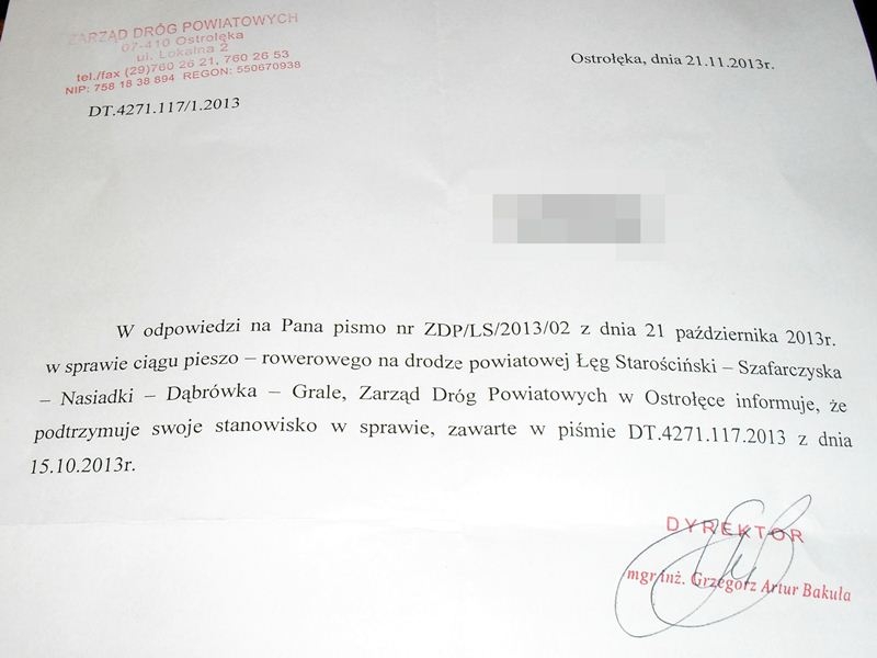 Pismo ZDP ws. pseudo-ścieżki Łęg - Grale