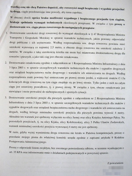 Pismo ws. ddr na ul. I AWP