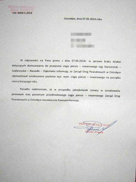 Pismo ws. pseudo-ścieżki Łęg Starościński - Grale